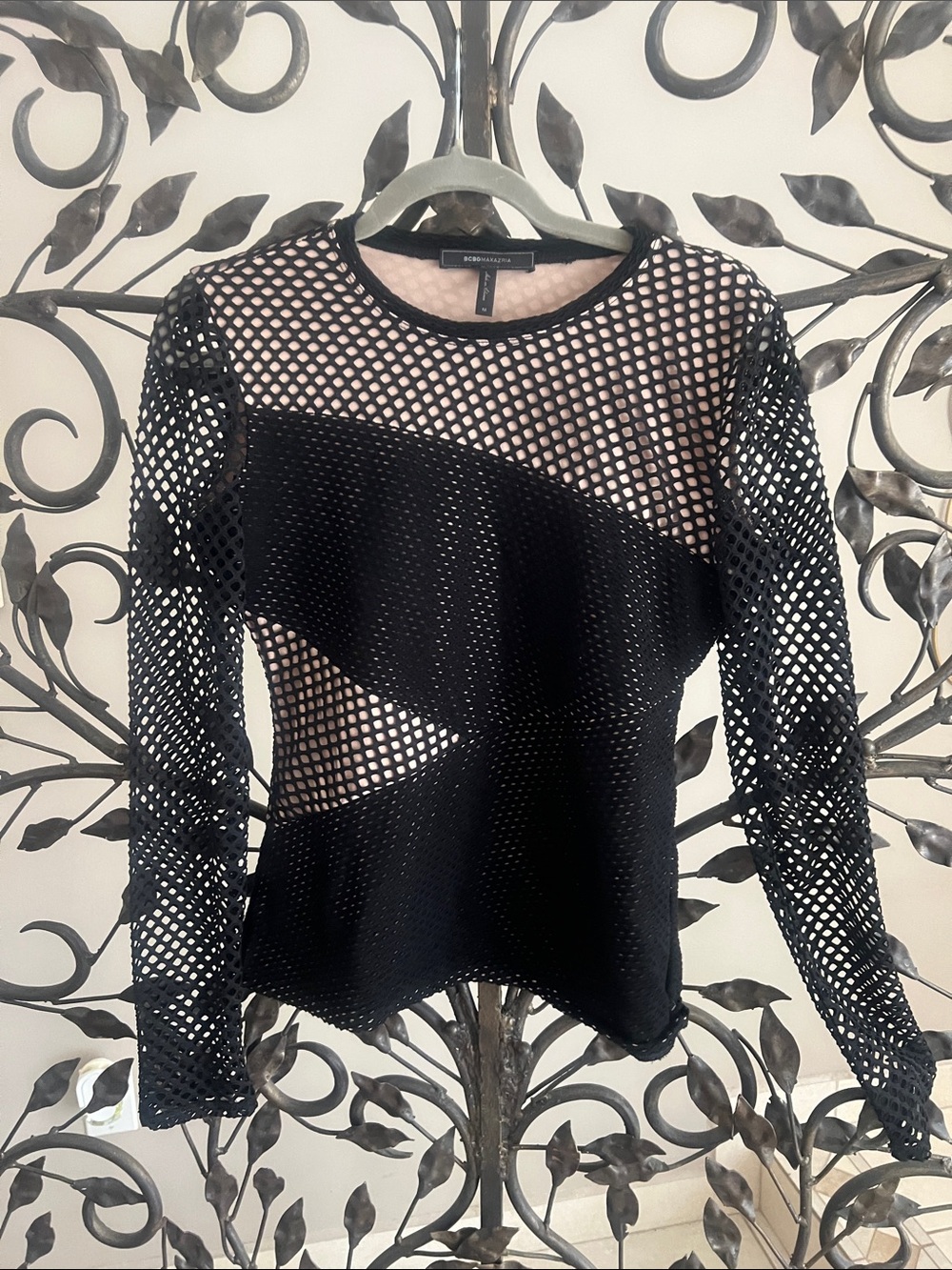 BCBGMaxAzria Black Open-Knit Long Sleeve Mesh Top